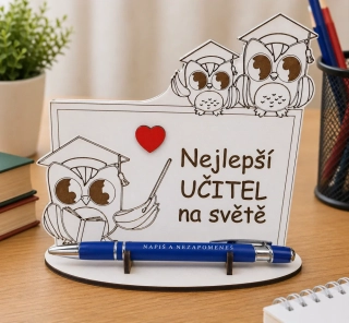 Dřevěná tabule sovičky a propiska s nápisem